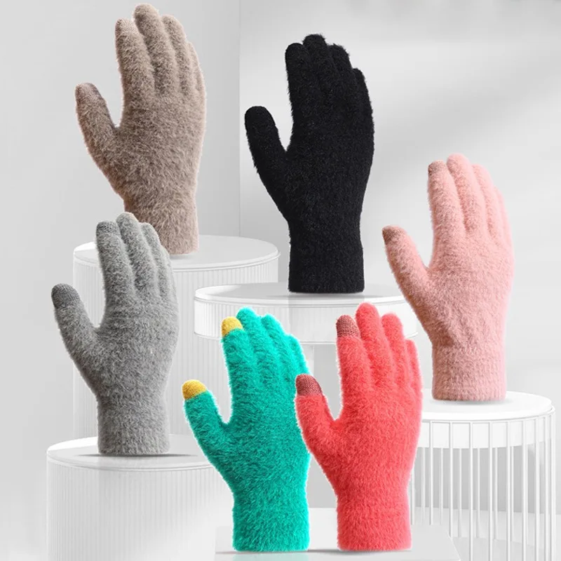 Winter Keep Warm Plus Cashmere Touchscreen Women Solid Elasticity Soft Full Fingers Mittens Gloves Imitation Rabbit Fur Knitted
