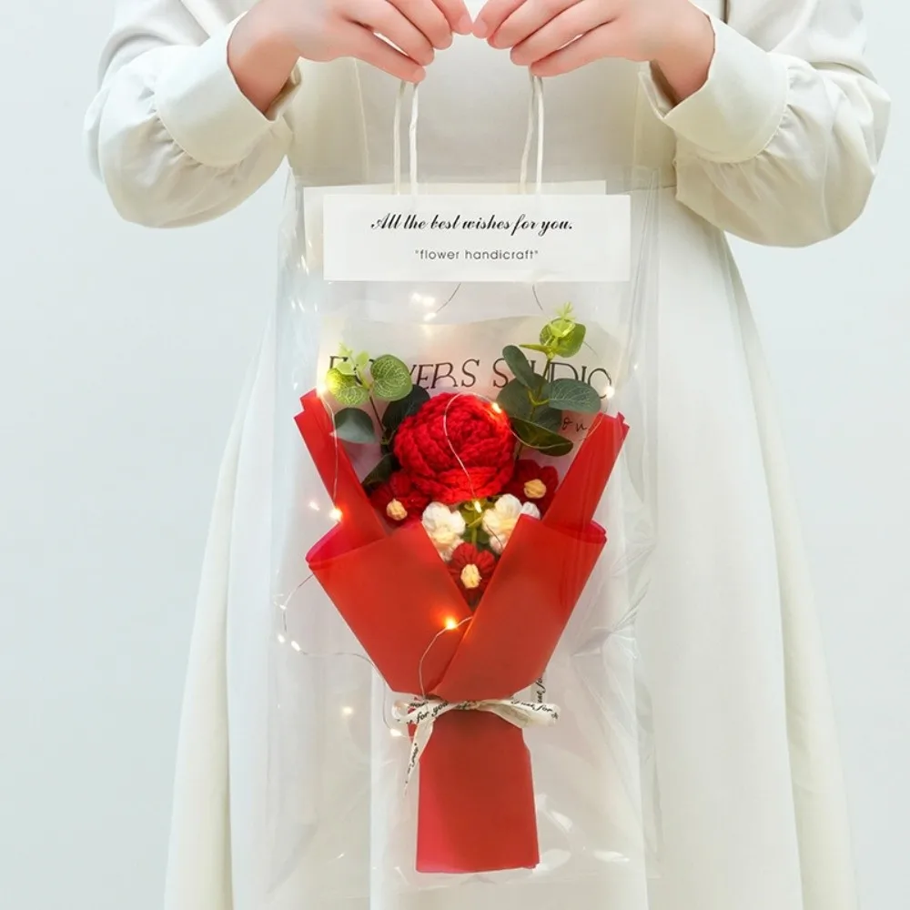 

Knitted Crochet Flowers Bouquet Glowing Handmade Puff Rose Flower Bouquet Photography Props LED Lights