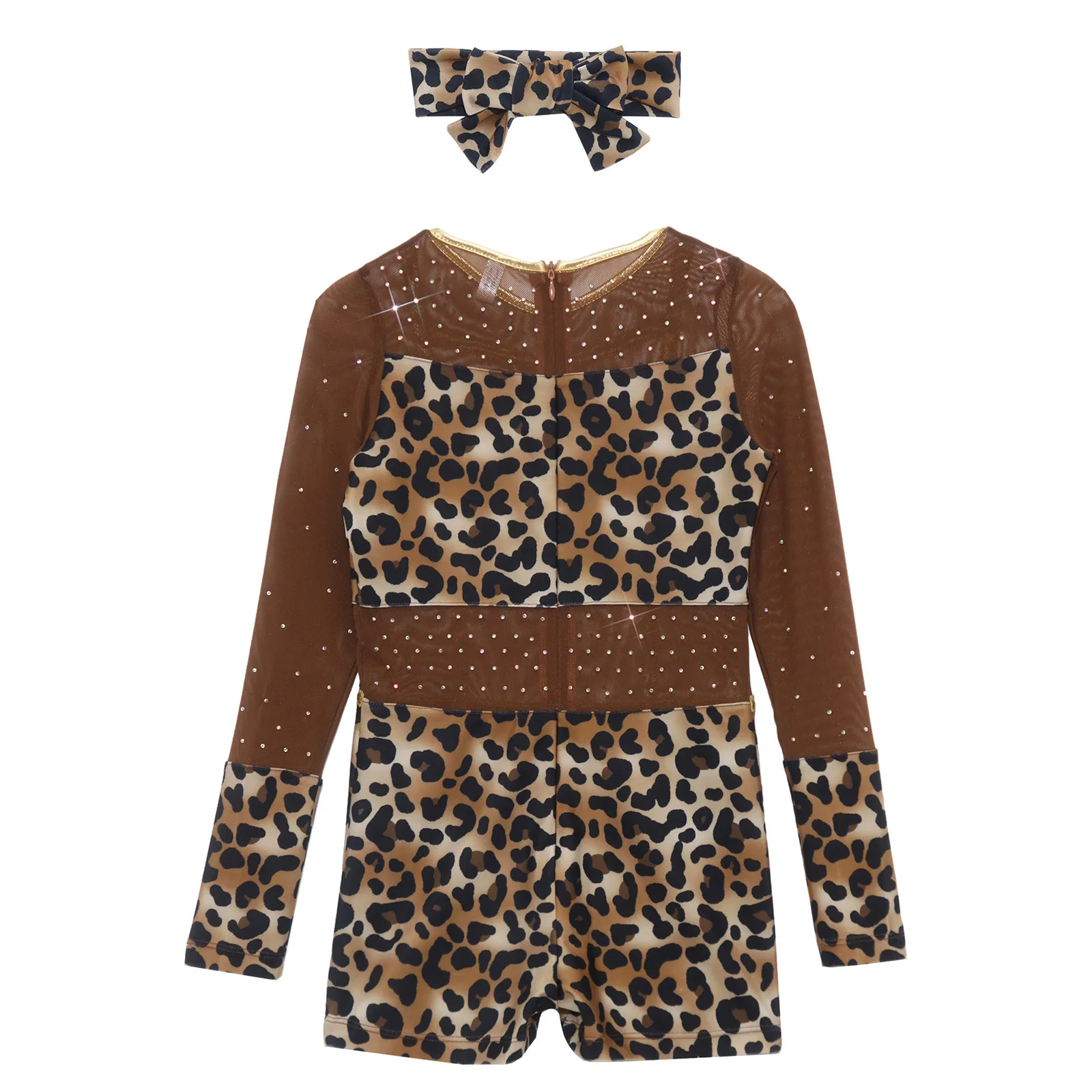 Kinder Mädchen Strass Leopardenmuster Jumpsuit für Ballett, Halloween Höhlenmenschen-Kostüm, Reißverschluss Metallic-Besatz Bodysuit – Detail 17