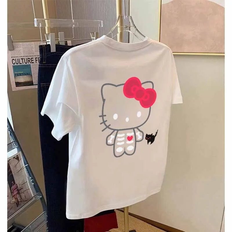 Skull Hello Kitty T Shirts 100% Cotton Cartoon Sanrio Printed T-Shirt for Women Oversized Halloween Hello Kitty Tees Y2k Tops