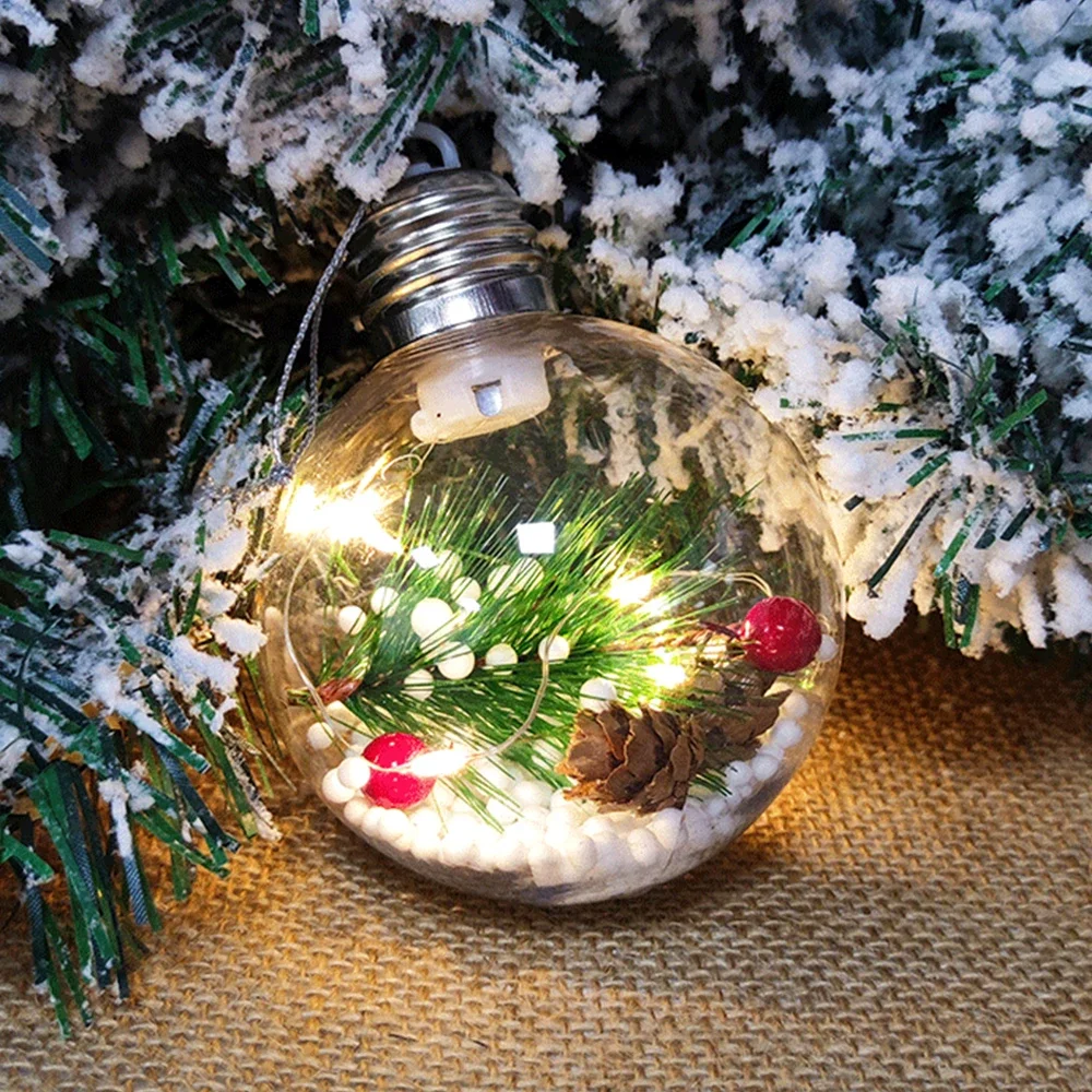 Christmas Round Ball Pendant com Luzes, Bauble Plástico Transparente, Xmas Tree Hanging Ornament, Decoração de Ano Novo, 11x8cm, 1Pc