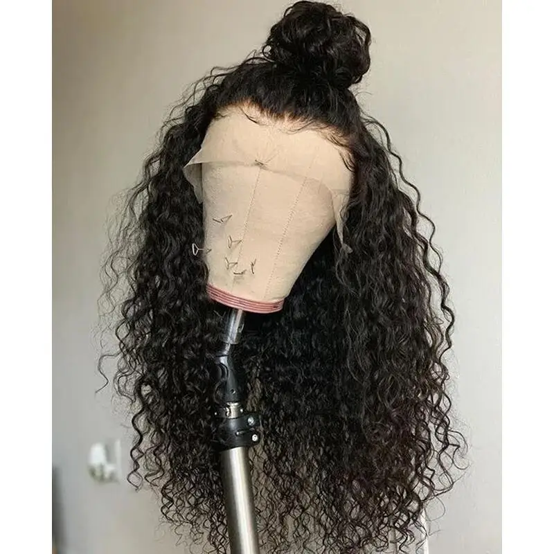 Peluca rizada con malla frontal para mujer, pelo sintético prearrancado, resistente al calor, largo, 26 pulgadas, 180de densidad, color negro, sin pegamento