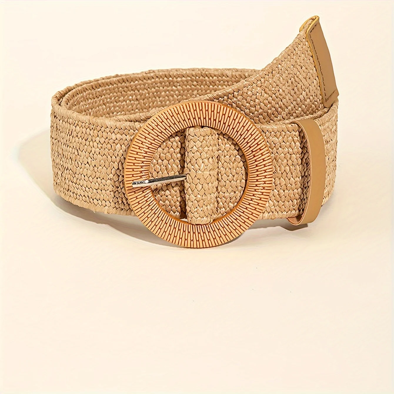 Women Summer Boho Round Buckle Braided Belts Khaki Elastic Wide Belts