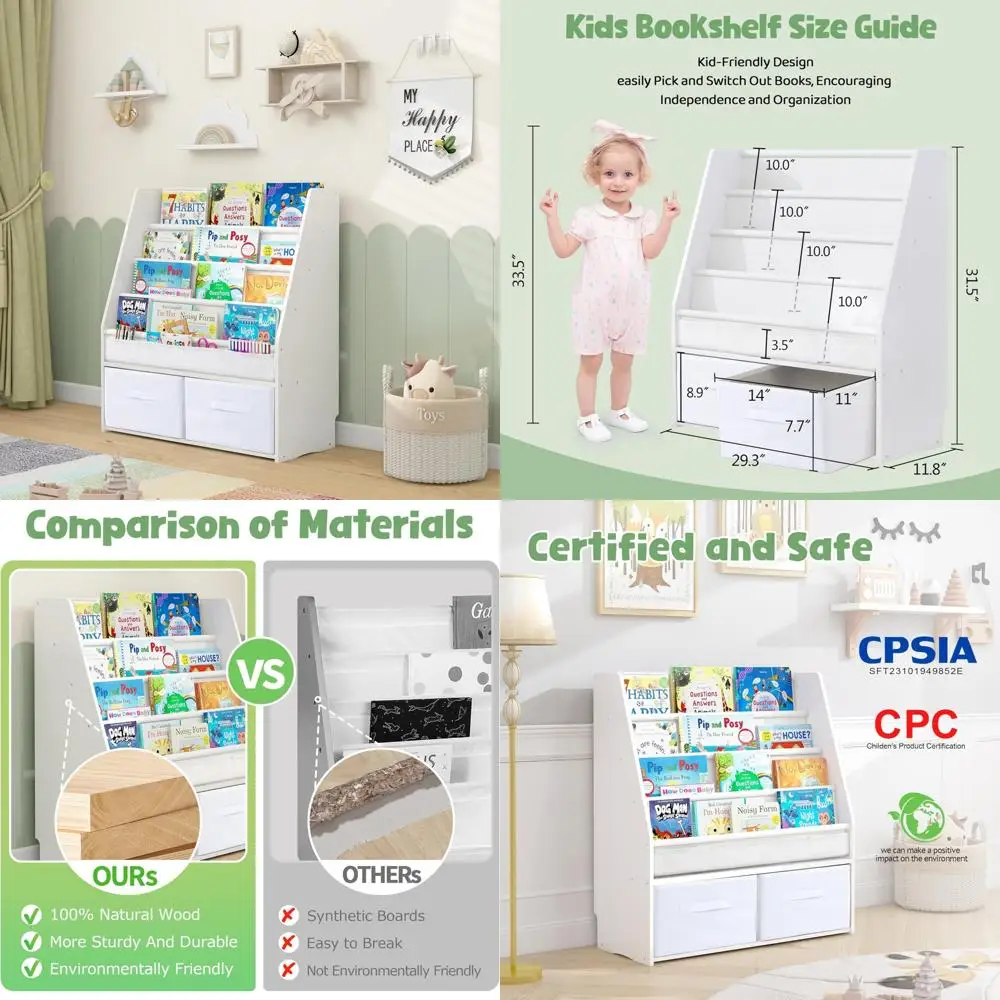 

MallBest Solid Wood Toddler Bookshelf with Storage Bins – Montessori-Inspired Front-Facing Book Rack for Kids, Ages 1-5, Easy As