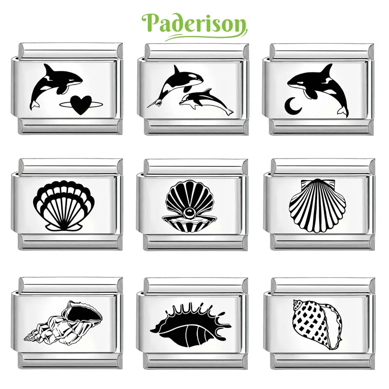 Paderison Ocean Series Charm Dolphin Shell Conch Italian Charm Links Fit 9mm Bracelet Stainless Steel DIY Jewelry Making