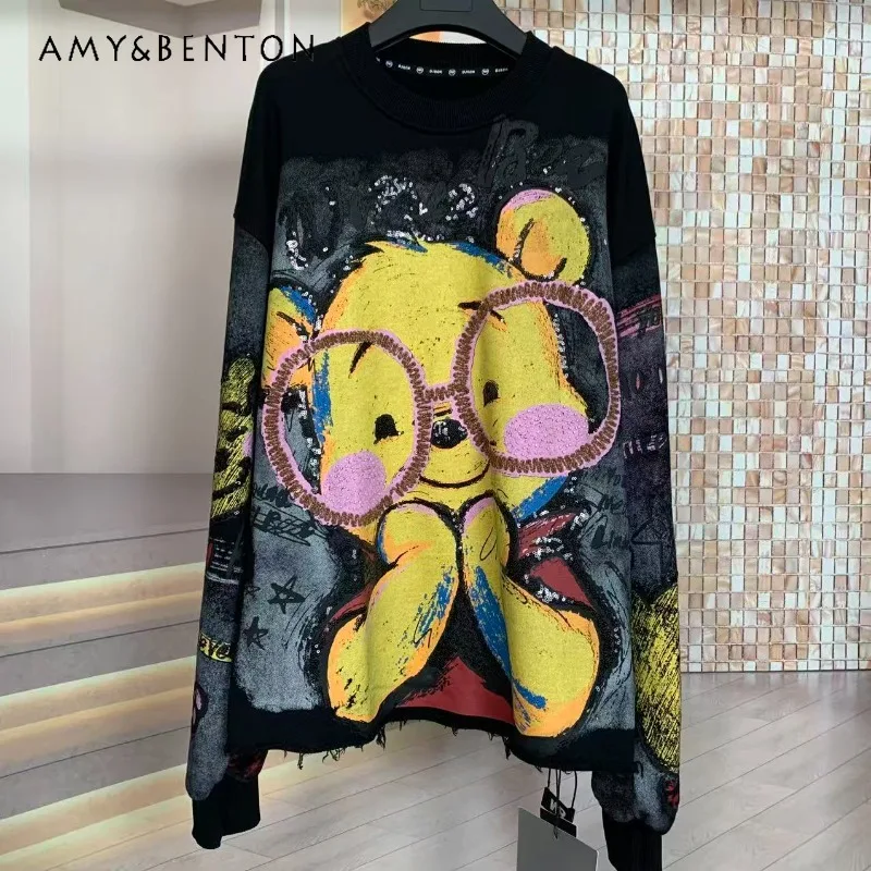 

2025 Autumn Washed Glasses Cartoon Youthful Sweatshirt Jacket Fashion Cartoon Loose Oversized Crew Neck Hoodies Women's Top Coat