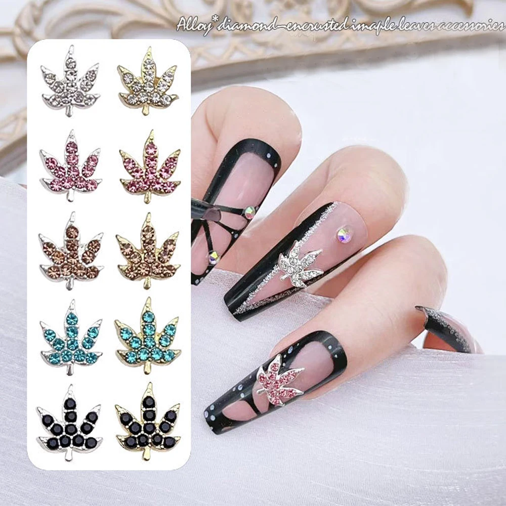 

10Pcs Colorful Maple Leaf Nail Art Charm Alloy Leaf Diamond Rhinestone Crystal Shiny Nail Decoration Jewelry Nail Accessories