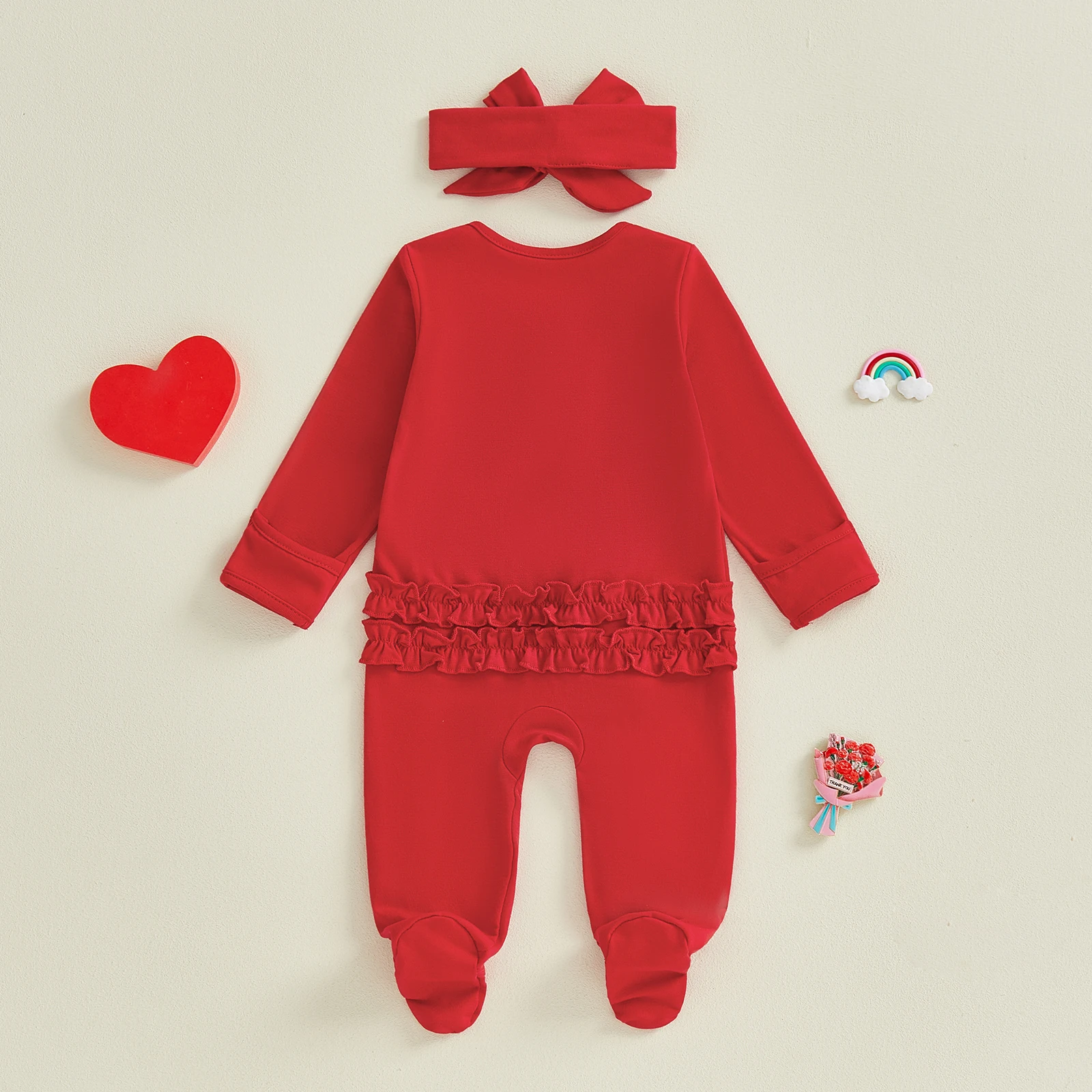 ชุดวันวาเลนไทน์สำหรับเด็กทารกแรกเกิด ลายตัวอักษร แต่งระบาย ซิปหน้า คอกลม แขนยาว ชุดรอมเปอร์แบบมีที่คลุมเท้า พร้อมที่คาดผม ชุด 2 ชิ้น