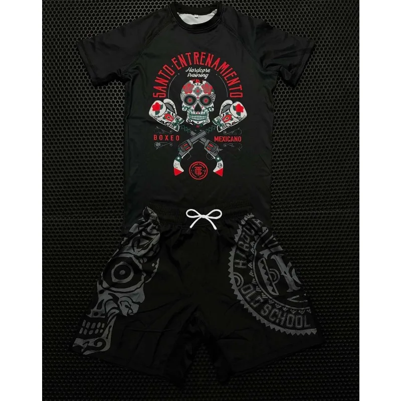 

2026 Popular Mexican Undead Fighting Set Breathable Quick-Drying T-Shirt + Skull Shorts Men's Fitness and Training Two-Piece Set