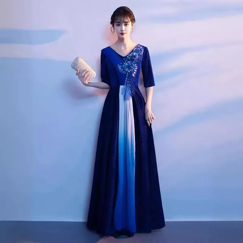 Robe de soirée élégante brodée pour femmes, col en v, à la mode, Slim, demi-manches, fermeture éclair au dos, robe longue à reflets, nouvelle collection 2026