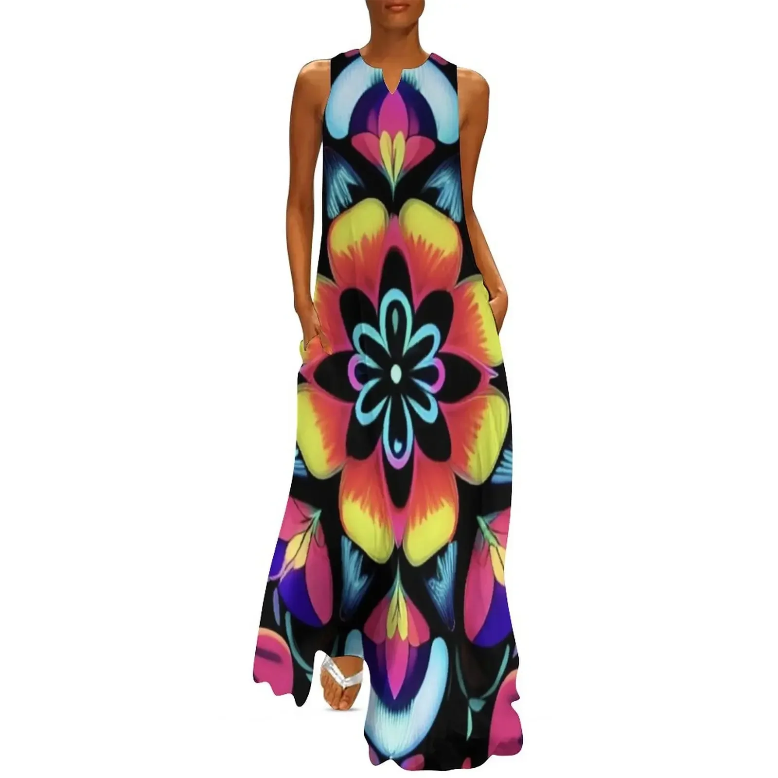 

60s style neon flowers Long Dress dress for woman long sleeve dresses birthday dress luxury woman evening