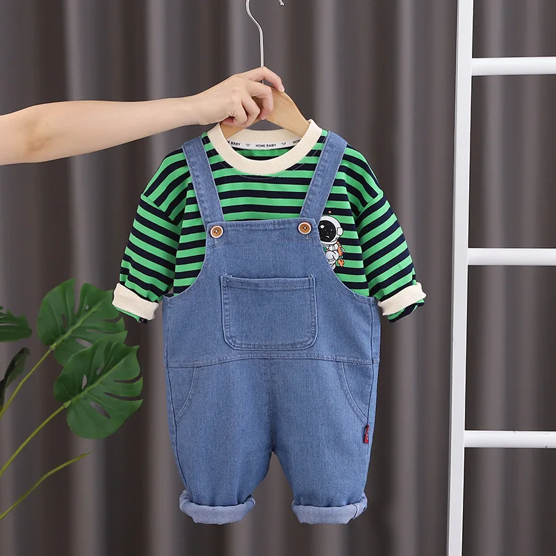 

Toddler Boy Clothing Spring Autumn Cartoon Striped O-neck Long Sleeve T-shirts and Overalls for Boys Birthday Clothes Outfits