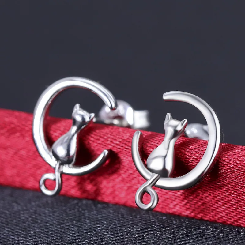 Exquisite Creative 925 Sterling Silver Jewelry Cute Sweet Simple Cat On The Moon Female Anti-allergic Earrings
