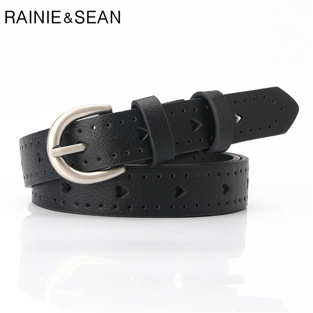 

RAINIE SEAN Brand New Thin Women Belt Hollow Out Heart Leather Belts for Ladies Casual Black White Pin Buckle Female Jeans Belt