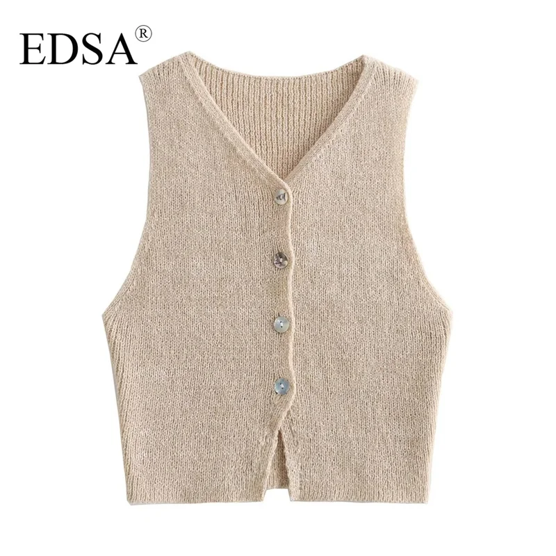 EDSA Women Fashion Beige Single Breasted Knitted Vest Tank Tops Vintage V-Neck Sleeveless Female Chic Lady Top