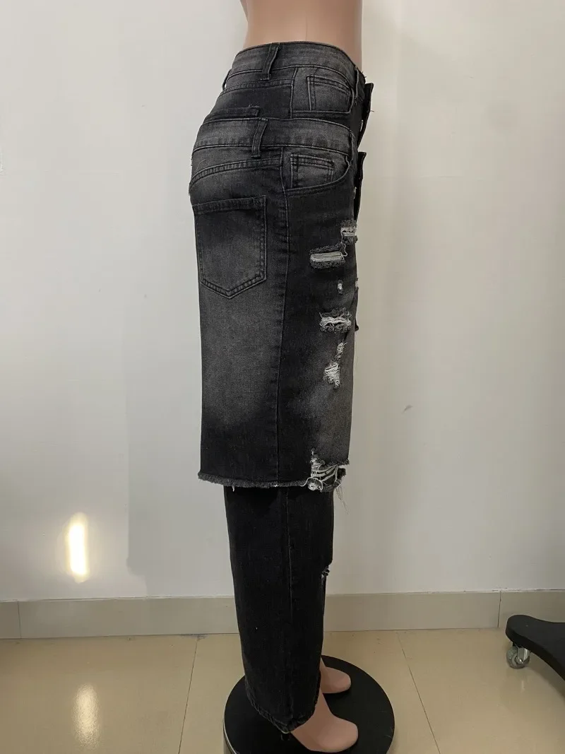 شرابة ثقوب الدنيم السراويل موضة المرقعة المرأة عالية الخصر زر يطير فضفاض مستقيم الجينز عادية الشارع الشهير بنطلون قيعان