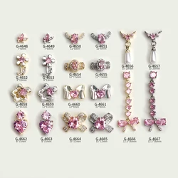 3PCS Luxury Sparkle Pink Zircon Bow Flower Love Heart Pearl Pendant Alloy Nail Art Rhinestones Jewel Decorations Manicure Charms