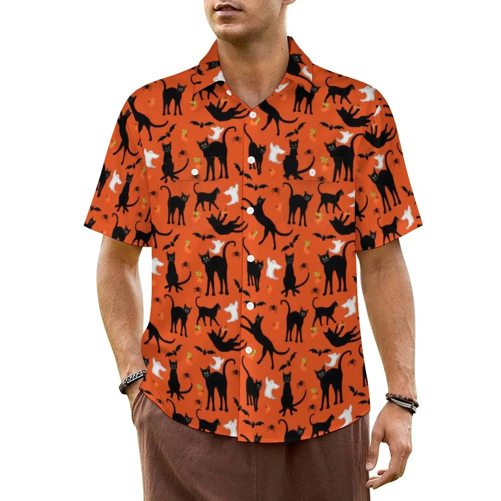 

Halloween Ghosts Bats Beach Shirt Black Cats Hawaii Casual Shirts Men Retro Blouses Short Sleeve Y2K Fashion Graphic Tops
