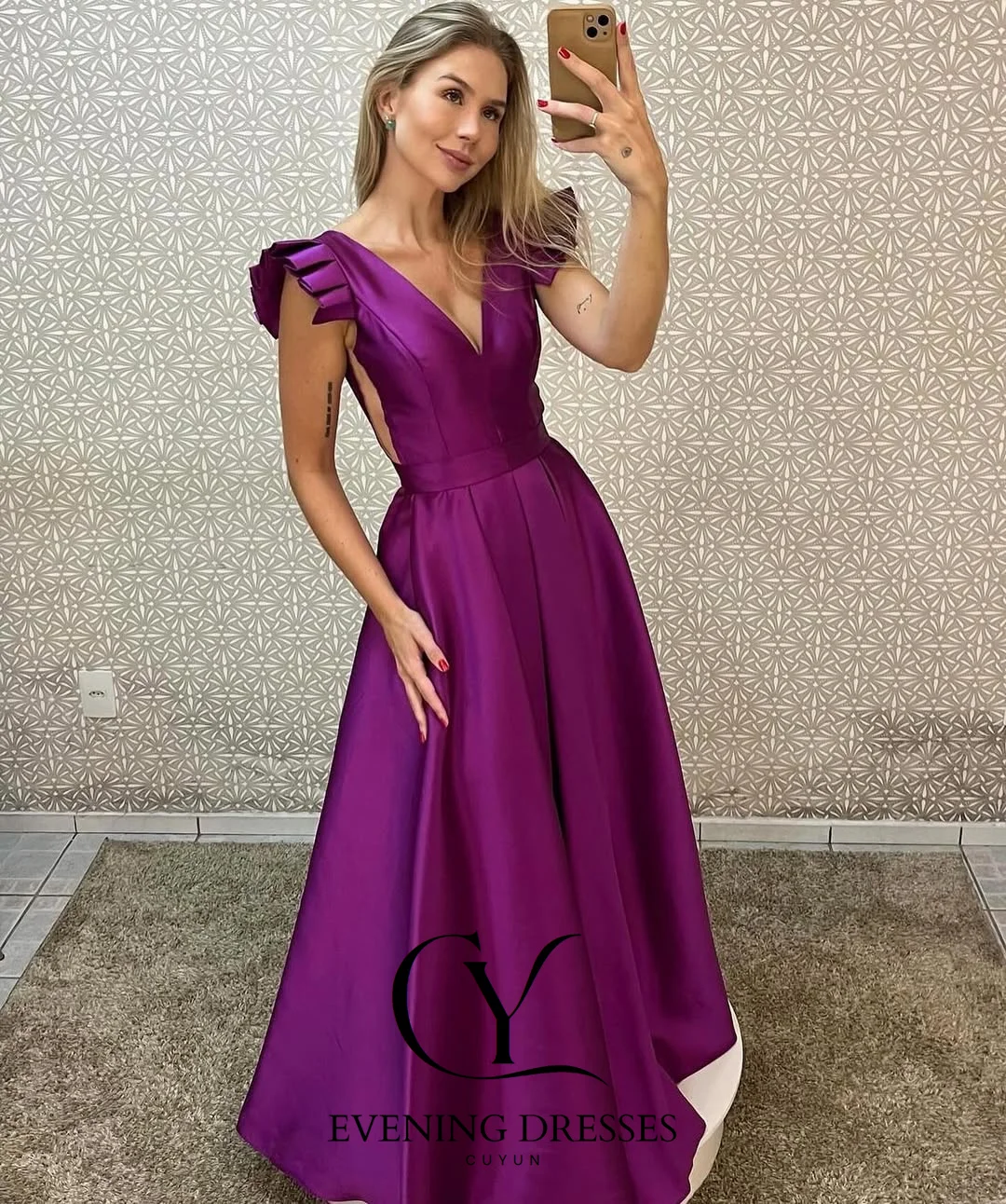 CUYUN – robe de soirée en Satin pour femmes, col en v, manches à volants, fente latérale, robe de bal personnalisée pour occasions spéciales