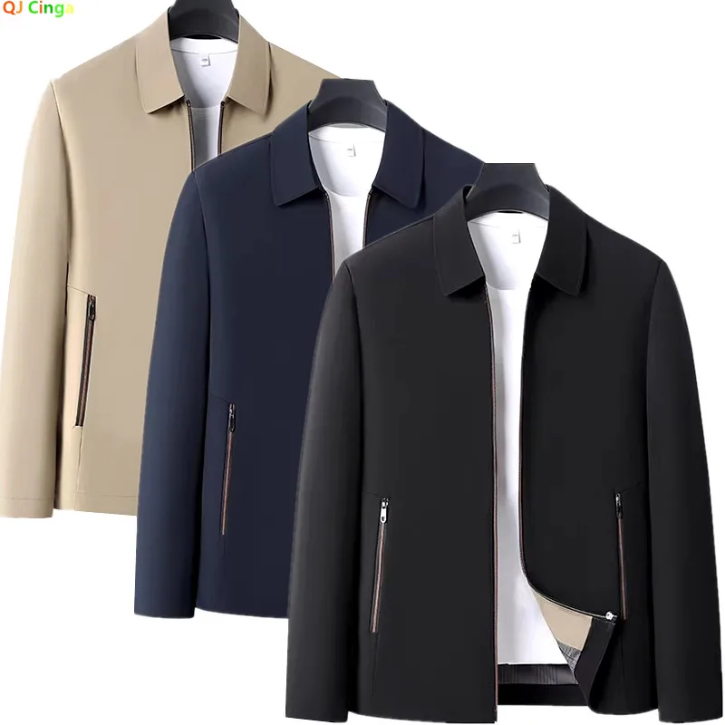 Men's Black Long-sleeve Jacket with A Turn-down Collar, Suitable for Business/casual/executive Wear, Available in Blue and Khaki