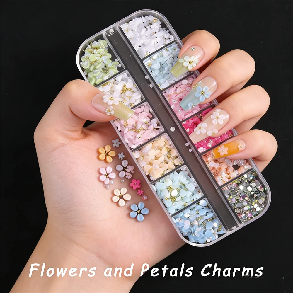 

12Grids 3D Colorful Flower Petals Nail Charms Pearls Caviar Beads+Blossom Nail Art Decorations DIY Spring Manicure Accessories 2