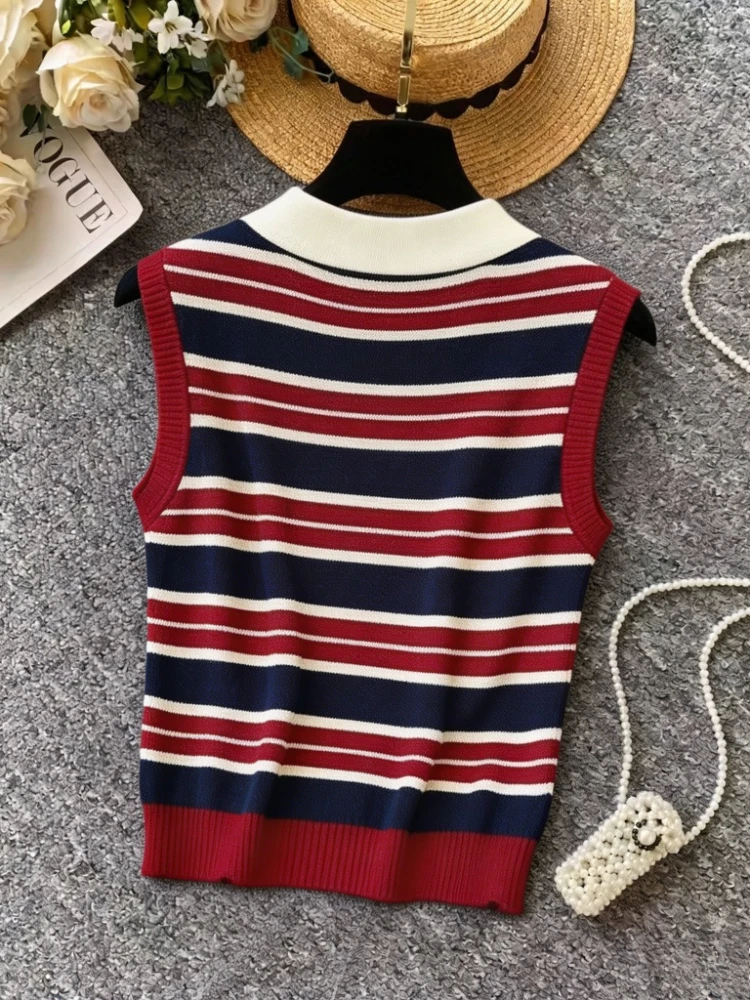 Women's Knitted Vest Striped Polo Collar Sleeveless Pullover Sweater Casual Elegant Waistcoat Korean Style Top for Spring Autumn