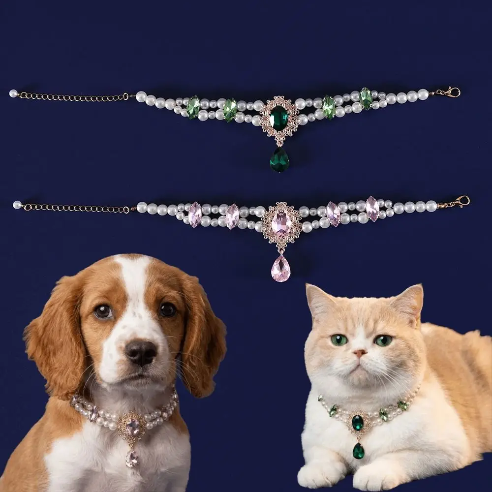 

Double Layer Pet Pearl Collar Adjustable Shiny Gem Pendant Gemstone Pet Necklace Comfortable Water Droplet Shape