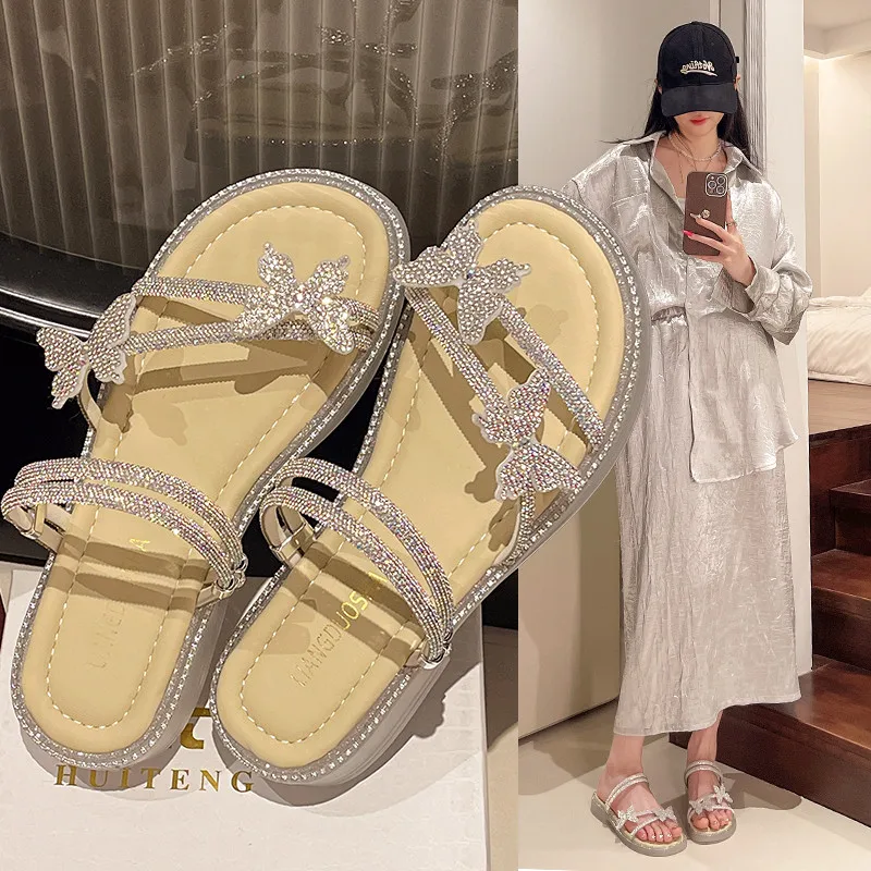 Slippers Casual Flat Shoes Female Med Glitter Slides Slipers Women Butterfly-Knot Luxury Jelly Summer 2024 Beach Bonded Leather