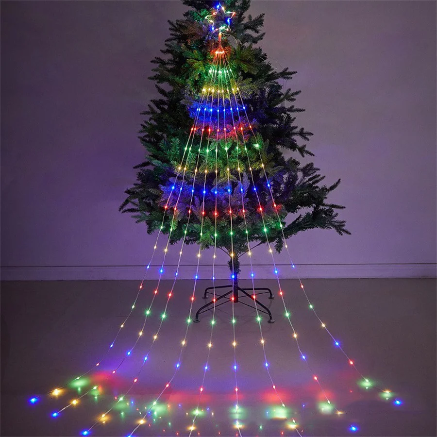LED Christmas Tree Waterfall Lamp 9*2M Outdoor Topper Star Garden Garland Lights 8 Modes Icicle Fairy Lights for New Year Decor