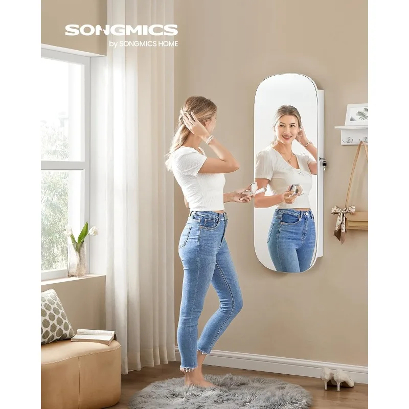 SONGMICS Jewelry Organizer, LED Jewelry Cabinet Wall/Door Mounted, Lockable Rounded Wide Mirror with Storage, Interior Mirror