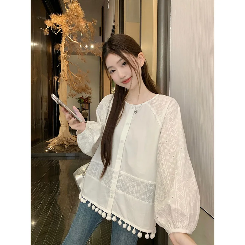 หญิงฤดูใบไม้ผลิฤดูร้อน Preppy สไตล์สดชื่นปุ่ม Hollow Out สีทึบ O-คอผู้หญิงเสื้อหวาน Kawaii แขนยาว Top Tee