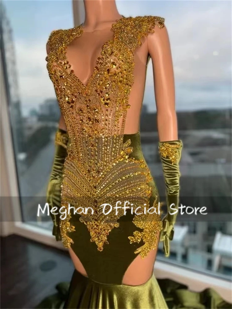 Avocado Green O Neck Long Prom Dresses For Black Girls Bead Crystal 2024 Birthday Luxury Dress Graduation Gown With Gloves