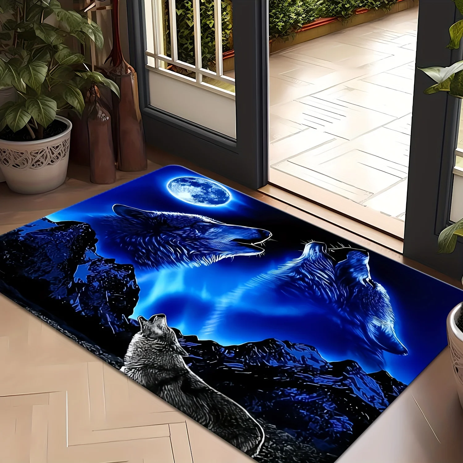 Dramatic Blue Wolf Howling Moon Area Rug Modern Forest Night Print Throw Mat for Living Room Decor