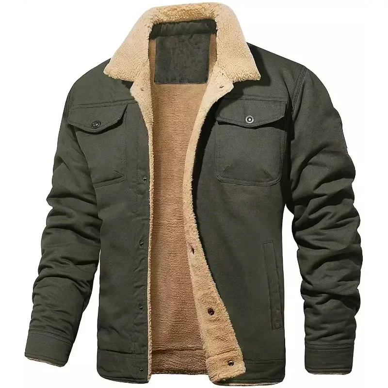New Winter Men's Bomber Jacket High-quality Plush Thicken Wool Cargo Jackets Lapel Button-up Thick Warm Coat for Men Outwear 5XL