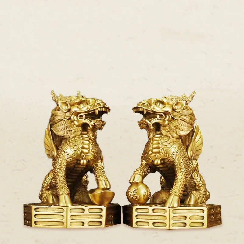 

Chinese exquisite brass qilin ornaments pair home living room shops feng shui auspicious wealth ornaments handicrafts