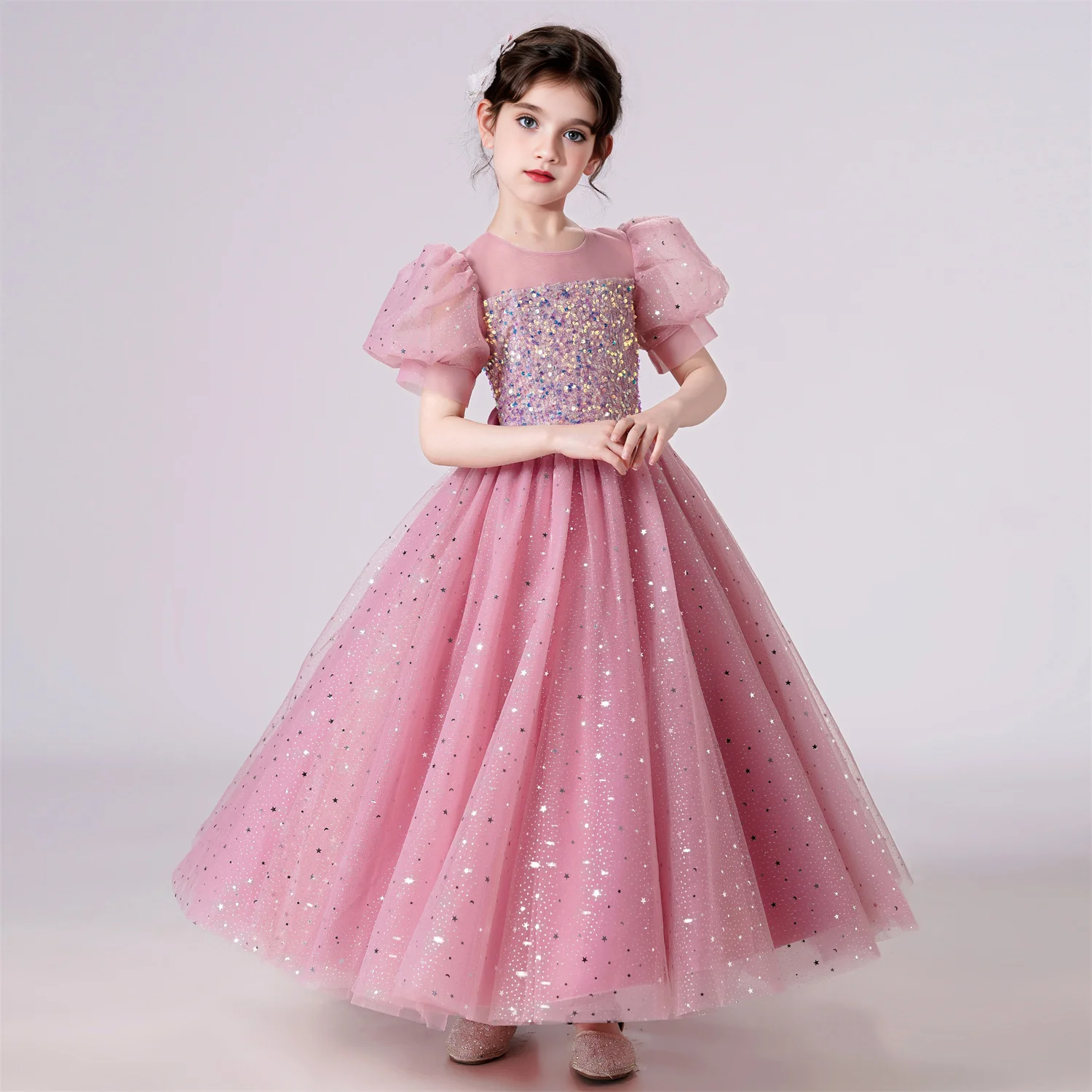 Elegant Party Dress For Girls Puff Sleeve Princess Dress For Wedding Kids Sequin Lace Birthday Communion Formal Evening Gown