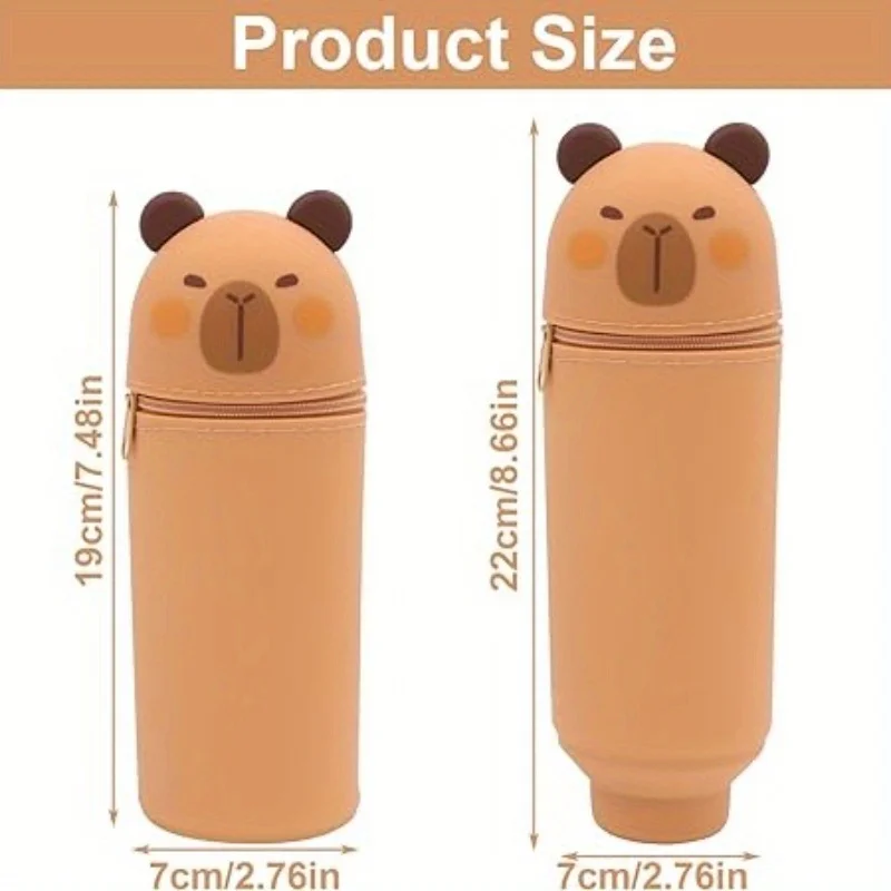 2-in-1 Soft Silicone Pencil Case - Cute Capybara Zipper Pencil Case Vertical Pencil Case or Desk Pen Holder, For School/Office
