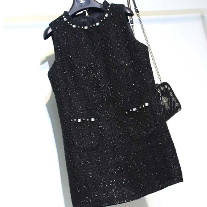 

Women's dress autumn and winter black tweed hand beaded slimming sleeveless vest sleeve dress