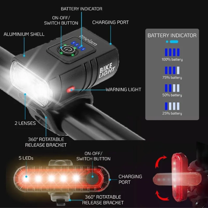 Luz LED frontal para bicicleta de montaña, linterna impermeable IPX4, recargable vía USB, 6 modos