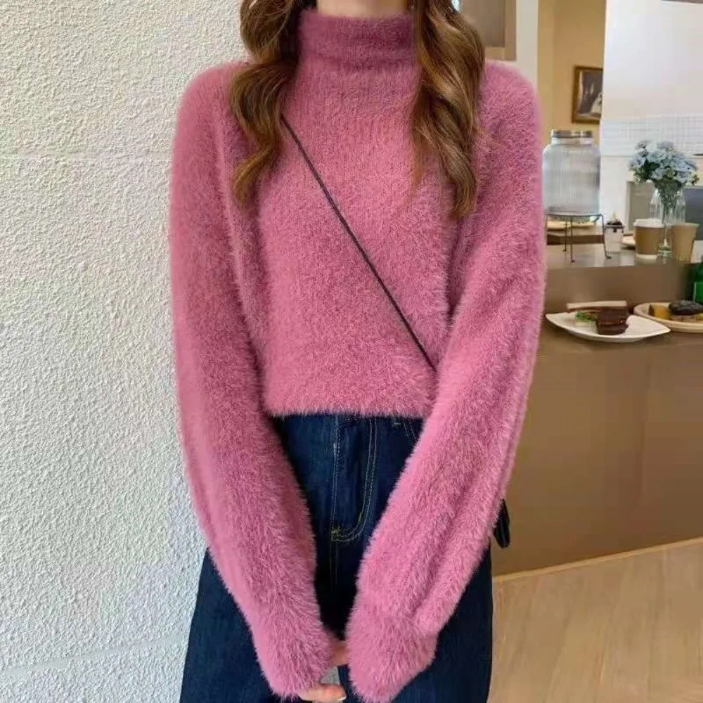 Thick Warm Mock Neck Sweater Fuzzy Texture Soft Material Fuzzy Knit Jumper Long Sleeve Casual Style Loose Fit Sweater 4