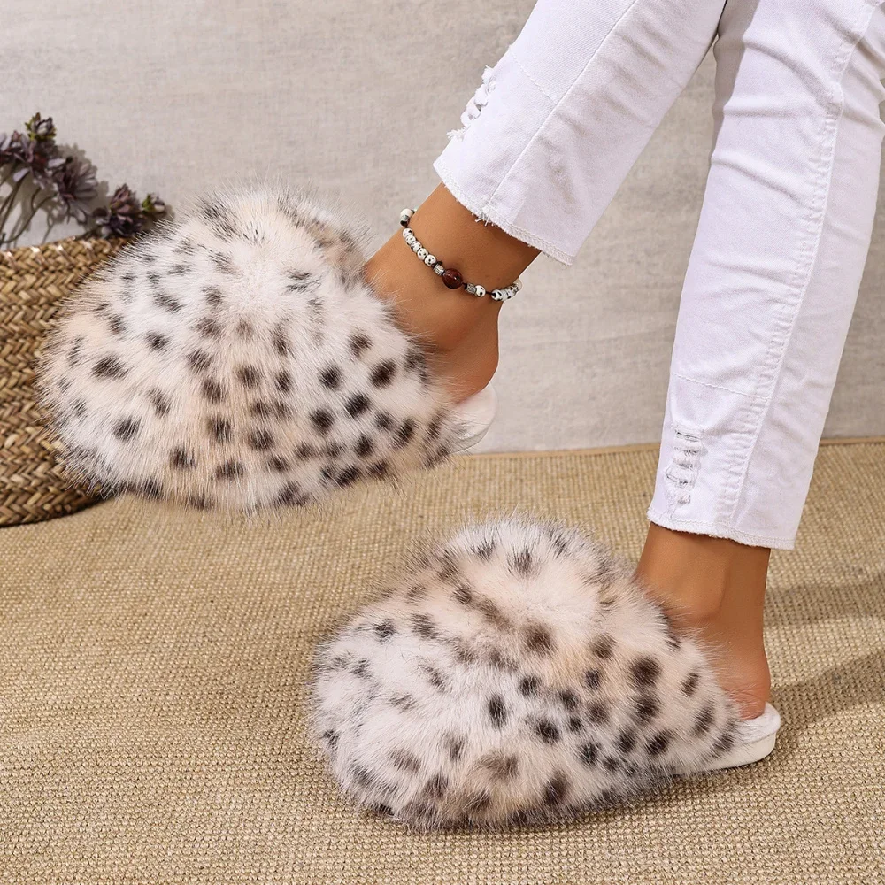 Damen Warme Hausschuhe Plüsch Leopardenfell Flauschige Pantoffeln Große Größen Geschlossene Zehenpartie Flache Sandalen Weiche Bequeme Schuhe für Frauen – Detail 28