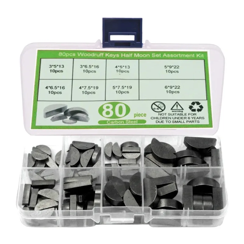 80PCS Carbon Steel Key Assortment Set Metric Half Moon Shaft Drive Fasteners Mechanical Industry Woodruff Keys Half Moon Set