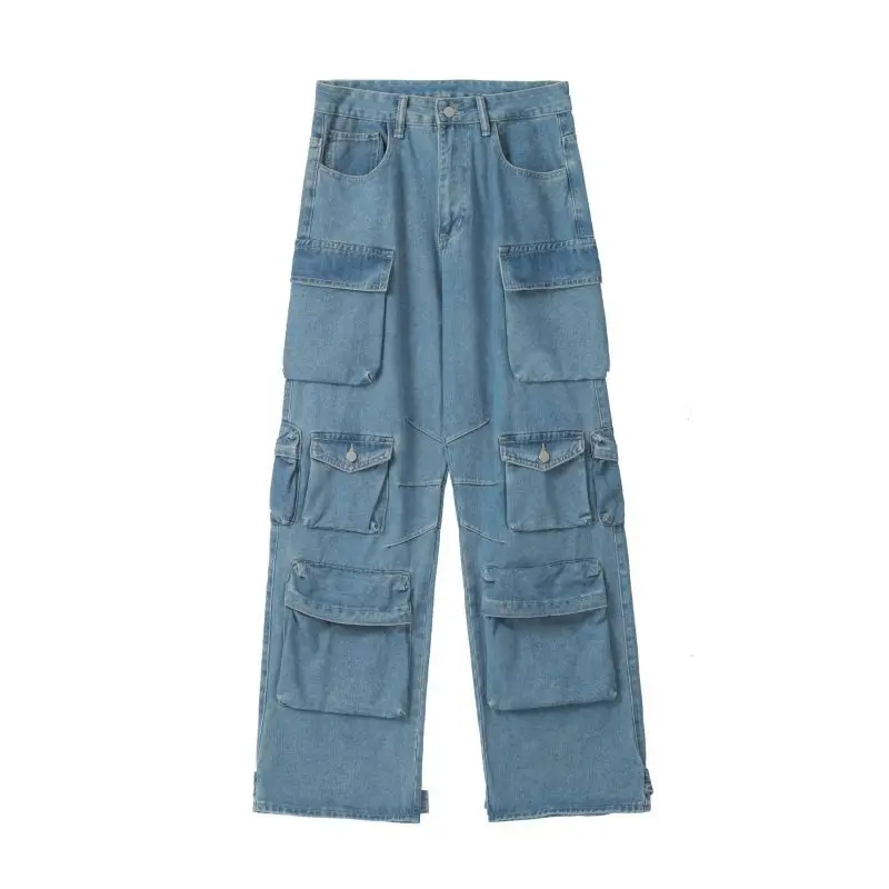 Pantalones Cargo lavados en azul con múltiples bolsillos, Jeans de cintura alta de moda Retro de calle alta, pantalones de pierna ancha casuales simples Harajuku para pareja, Y2k