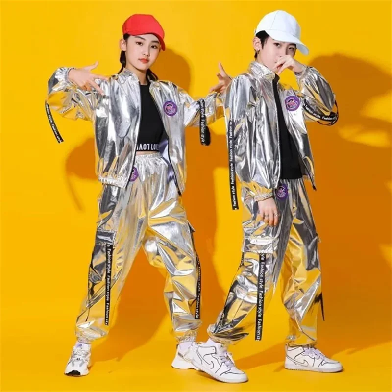 Hip Hop Boys Silver Jacket Girls Jazz Jogger Pants Street Dance Mini Skirt Clothes Sets Kids Sequin Costumes Child Streetwear