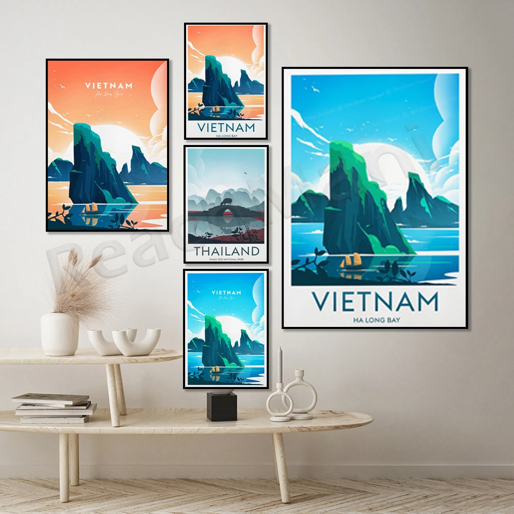 Impressão de viagem tradicional do Vietnã - Pôster da Baía de Halong, Vietnã, Hanói, Tailândia, Parque Nacional Khao Sok, Banguecoque, presente de casamento