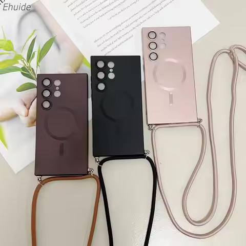 Metallic Paint Magnetic Case For Samsung Galaxy S25 Ultra S24 FE S22 S21 S20 S23 Plus Wireless Crossbody Lanyard Strap Cover