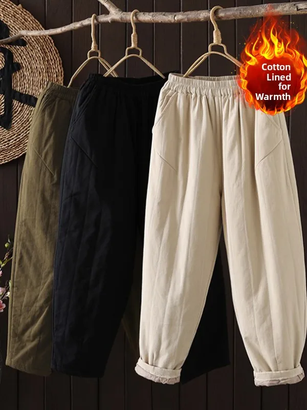 عادية فضفاض القطن هارلان السراويل Thiened مرونة الخصر حجم كبير المرأة شتاء جديد Sle الفني لون نقي سراويل قطنية #1