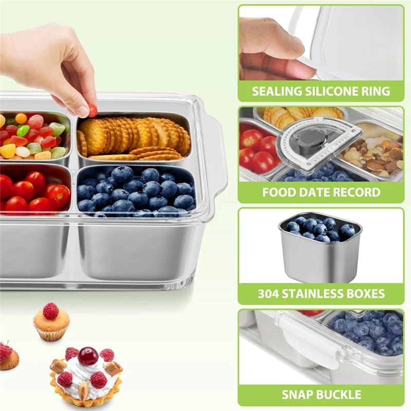 

【24 Hours Sale】Stainless Steel 6-Compartment Serving Tray With Lid And Handle Snackle Box Container Perfect For Travel Party