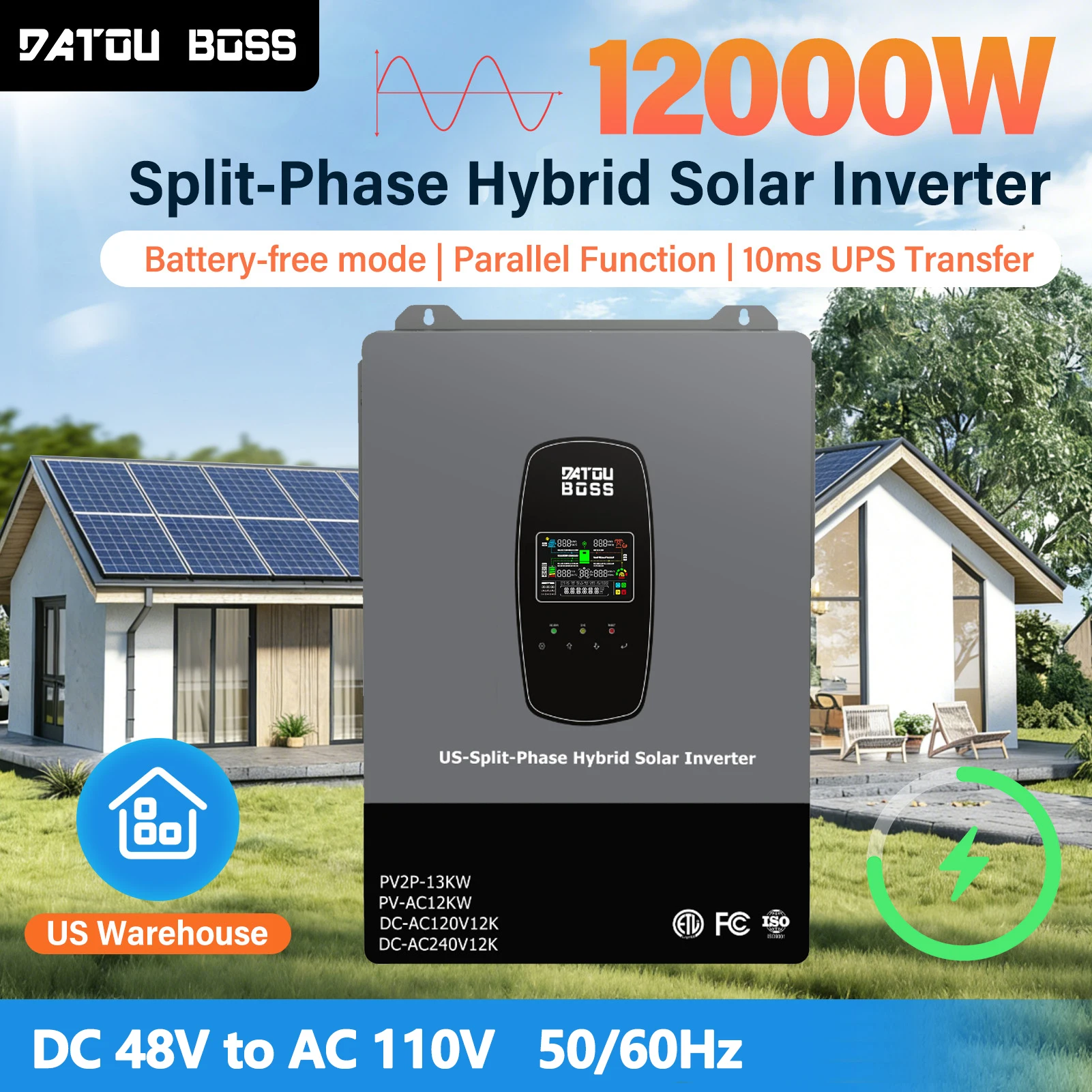 

Гибридный солнечный инвертор DATOUBOSS 12 кВт, двухфазный, стандарт США, 240 В, режим без батарей, ИБП, источник бесперебойного питания, автономный