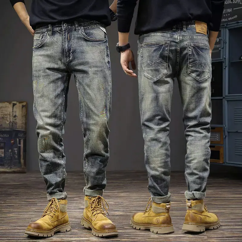 

Newly Fashion Designer Men Jeans Retro Washed Blue Stretch Slim Fit Ripped Jeans Men Italian Style Vintage Denim Pants Hombre